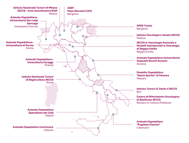 Mappa dell'Italia con i centri per lo screening dello SCLC