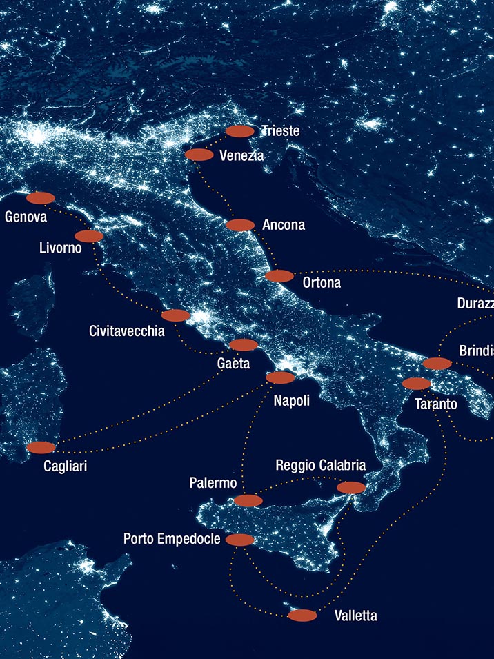 Italy top view from space at night. Map of Italy in satellite picture. Aerial photo of Mediterranean Europe, detail. Dark land and seas, city lights in Italy. Elements of this image furnished by NASA; Shutterstock ID 1840428538; Numero_D'Ordine: -; Progetto/Lavoro: -; Cliente: -; Other: -