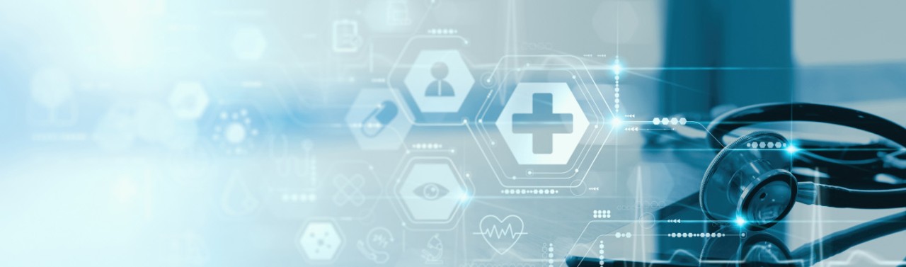 Immagine stilizzata di uno stetoscopio su tablet e varie icone mediche