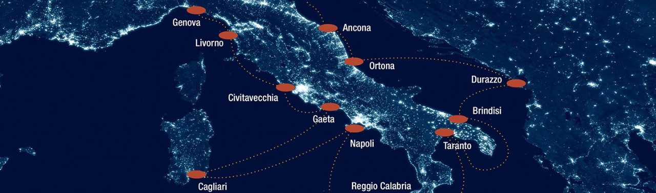 Italy top view from space at night. Map of Italy in satellite picture. Aerial photo of Mediterranean Europe, detail. Dark land and seas, city lights in Italy. Elements of this image furnished by NASA; Shutterstock ID 1840428538; Numero_D'Ordine: -; Progetto/Lavoro: -; Cliente: -; Other: -