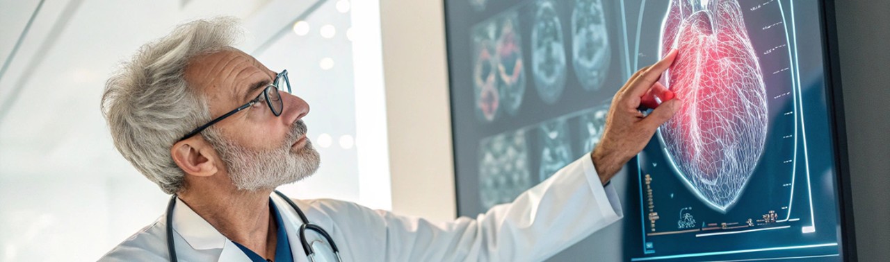A cardiologist examining a digital scan of a human heart on a large medical monitor. The doctor looks focused, with a stethoscope around their neck
