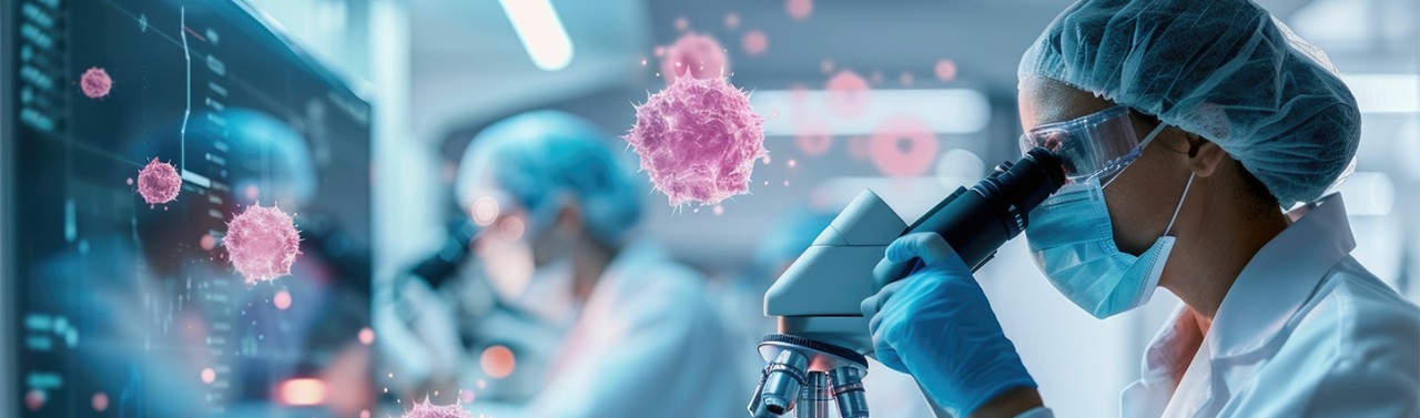 A team of researchers in an oncology lab closely examining cancer cells under a high powered microscope 